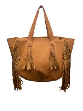 Expressions NYC Women’s Camel Brown Faux Leather Double Handle Fringe Tote Bag